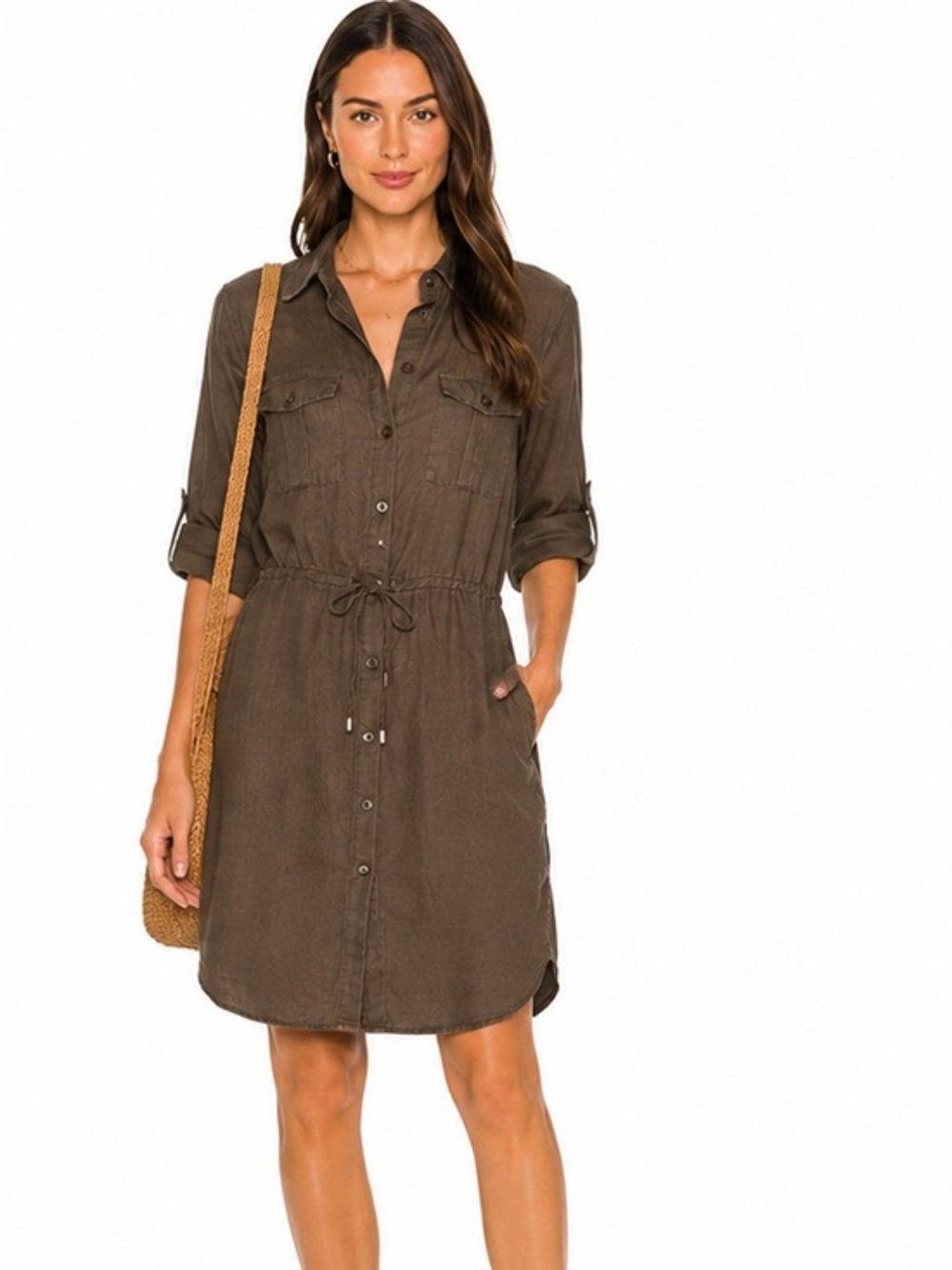 OVS Brown green Linen Utility Shirt Dress Safari Minimalist Casual Midi
